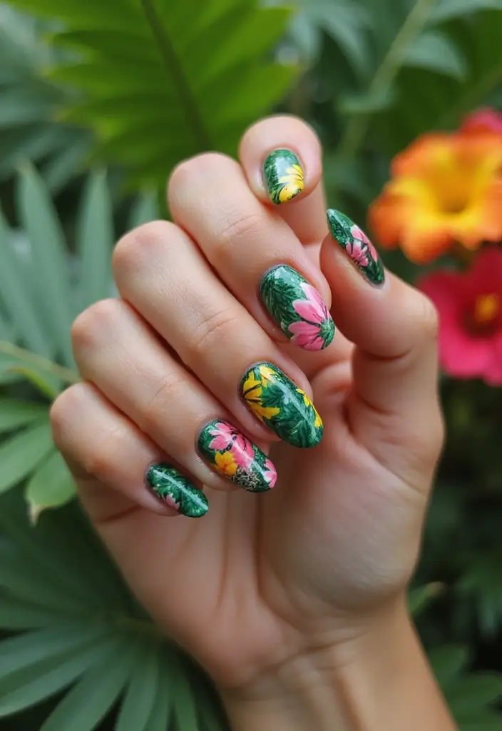 40 Acrylic Green Nail Ideas for Bold Unapologetic Statements - 13. Bright Jungle Vibes