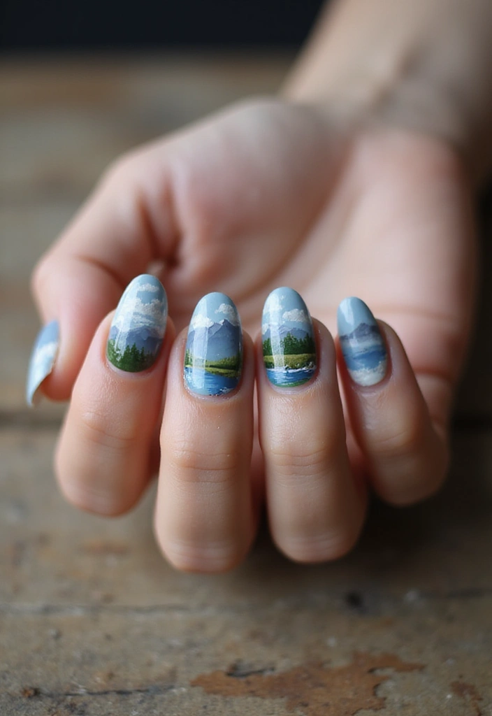 40 Acrylic Green Nail Ideas for Bold Unapologetic Statements - 15. Artistic Hand-Painted Landscapes