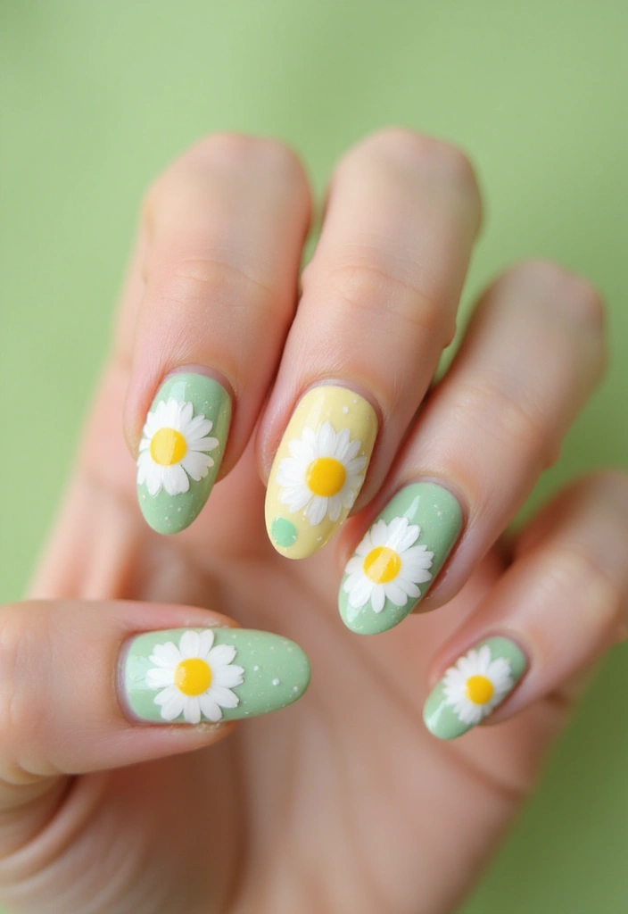 40 Acrylic Green Nail Ideas for Bold Unapologetic Statements - 16. Dainty Daisy Accents