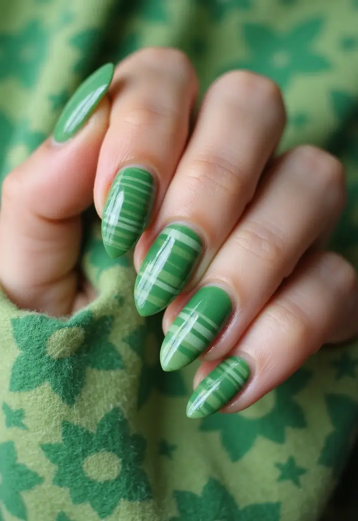 40 Acrylic Green Nail Ideas for Bold Unapologetic Statements - 17. Bold Stripe Party