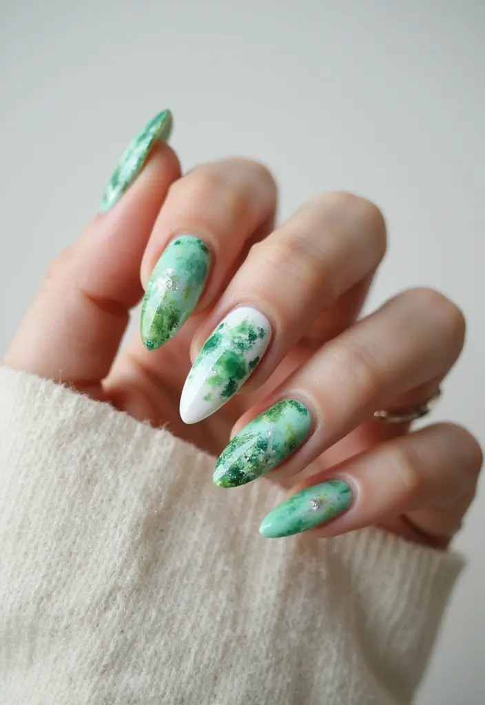 40 Acrylic Green Nail Ideas for Bold Unapologetic Statements - 18. Whimsical Watercolor