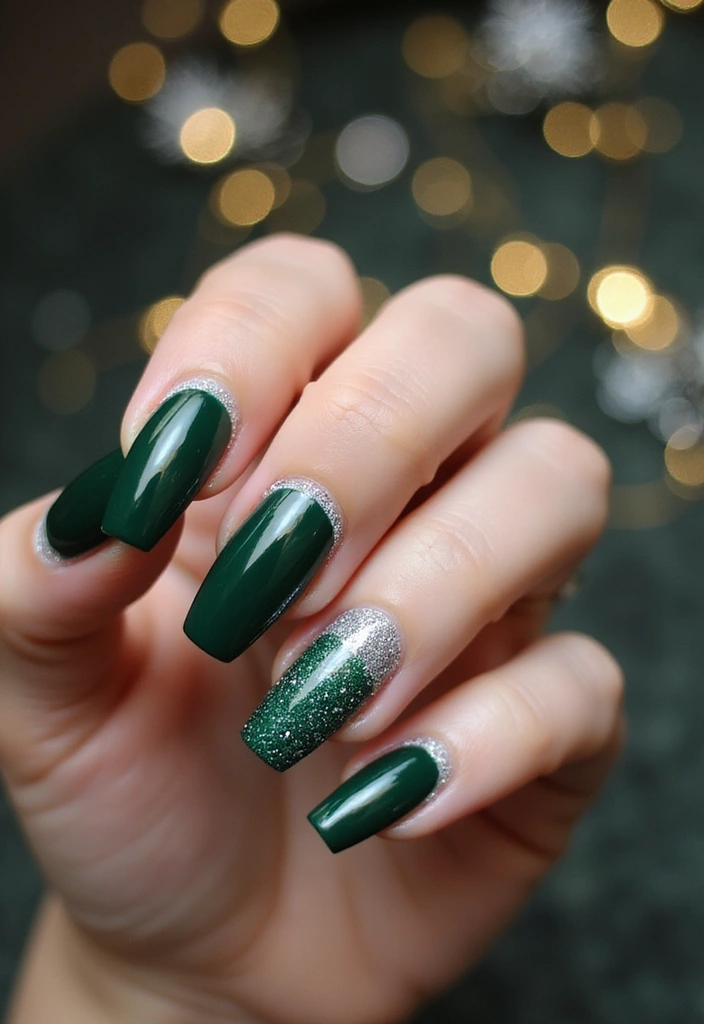 40 Acrylic Green Nail Ideas for Bold Unapologetic Statements - 21. Green and Silver Glitter Fade