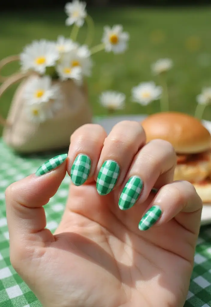 40 Acrylic Green Nail Ideas for Bold Unapologetic Statements - 23. Playful Gingham Green