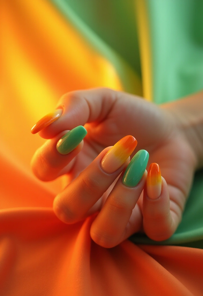 40 Acrylic Green Nail Ideas for Bold Unapologetic Statements - 24. Green and Orange Sunset