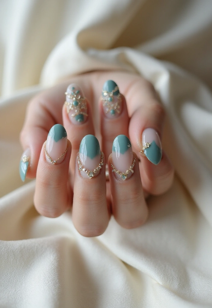 40 Acrylic Green Nail Ideas for Bold Unapologetic Statements - 25. Elegant Teal and Gold