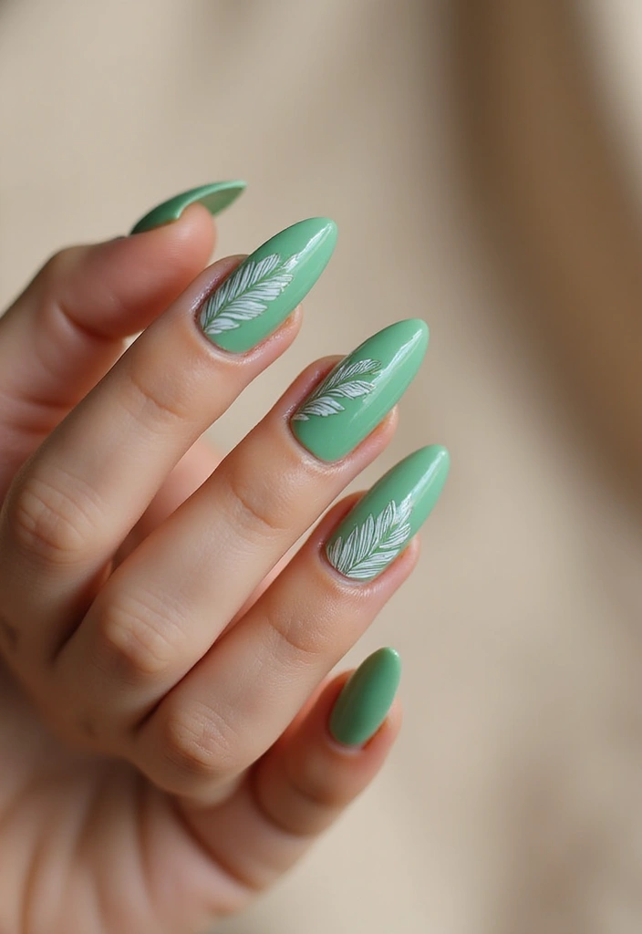 40 Acrylic Green Nail Ideas for Bold Unapologetic Statements - 26. Green Feathers