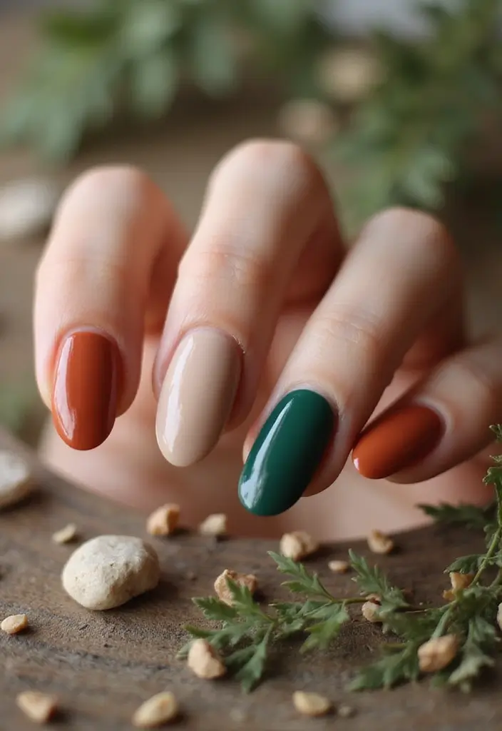 40 Acrylic Green Nail Ideas for Bold Unapologetic Statements - 29. Earthy Tones Mixed with Green
