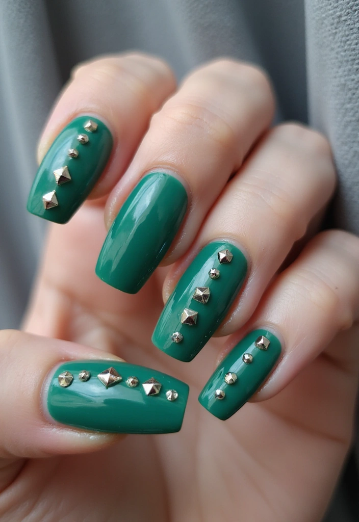 40 Acrylic Green Nail Ideas for Bold Unapologetic Statements - 30. Bold Green with Studs