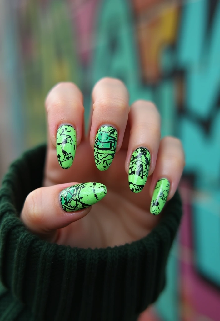40 Acrylic Green Nail Ideas for Bold Unapologetic Statements - 32. Urban Green Graffiti