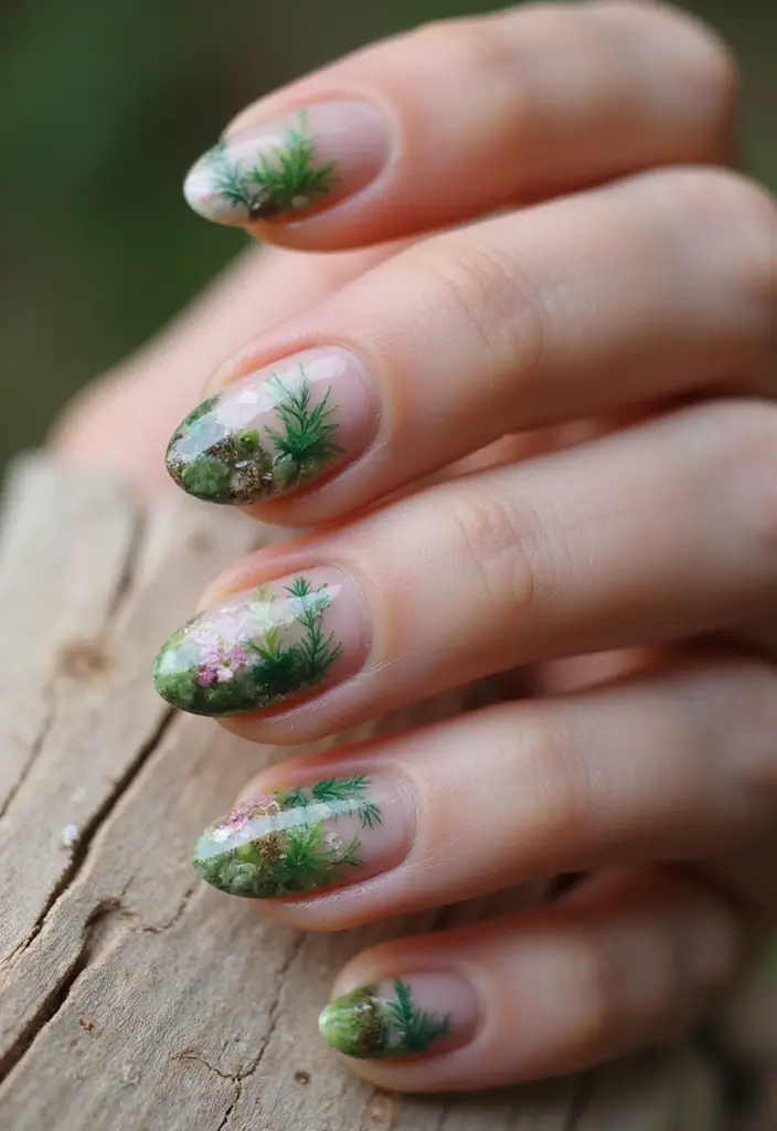 40 Acrylic Green Nail Ideas for Bold Unapologetic Statements - 33. Nature-Inspired Terrarium Nails