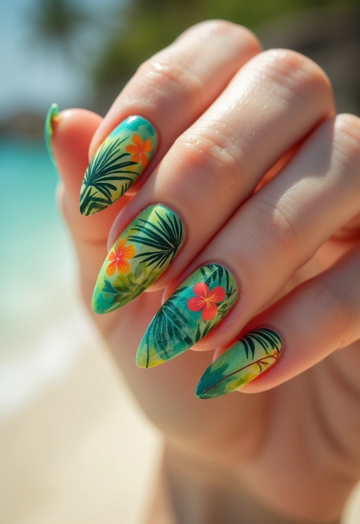 40 Acrylic Green Nail Ideas for Bold Unapologetic Statements - 35. Tropical Green Vibes