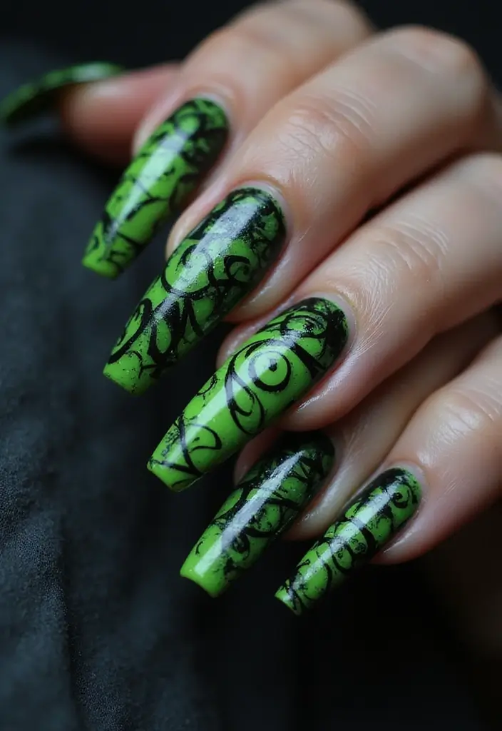 40 Acrylic Green Nail Ideas for Bold Unapologetic Statements - 37. Bold Contrast with Black