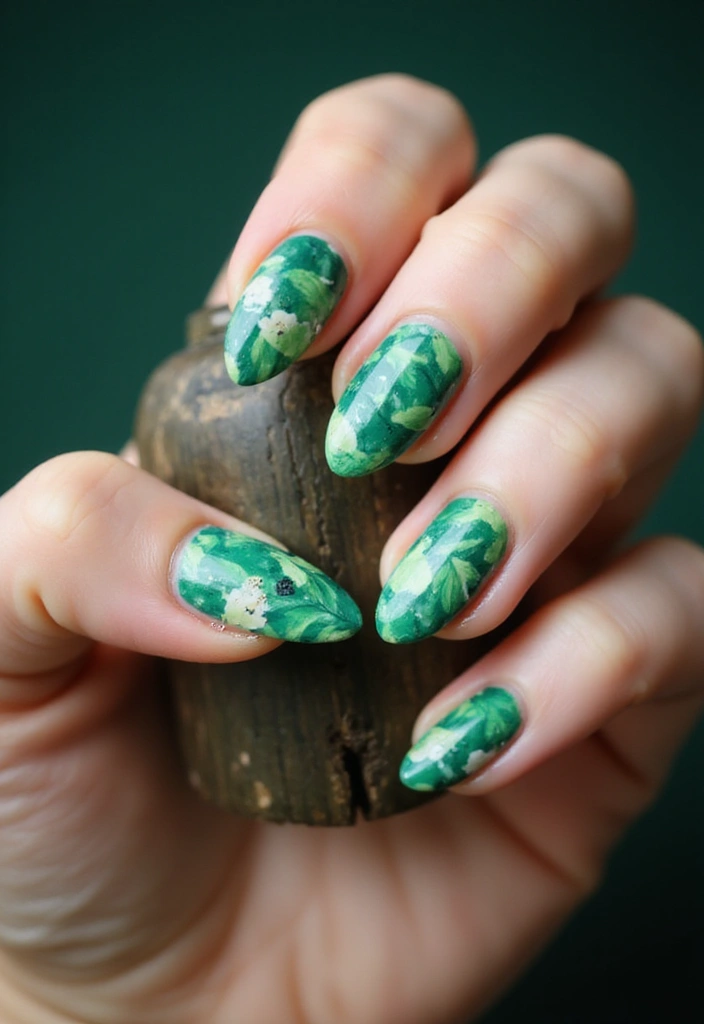 40 Acrylic Green Nail Ideas for Bold Unapologetic Statements - 4. Bold Leafy Prints