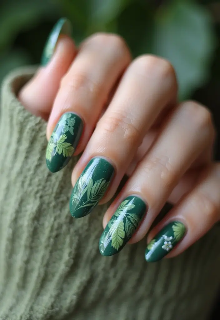 40 Acrylic Green Nail Ideas for Bold Unapologetic Statements - 40. Botanical Green Art