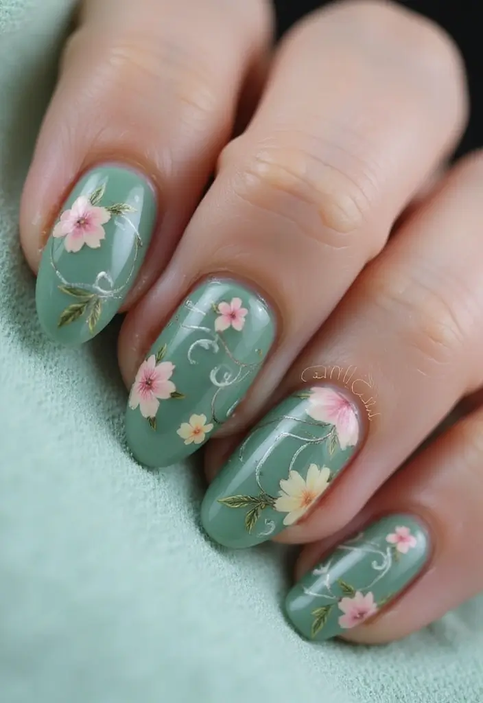 40 Acrylic Green Nail Ideas for Bold Unapologetic Statements - 7. Vintage Floral Green