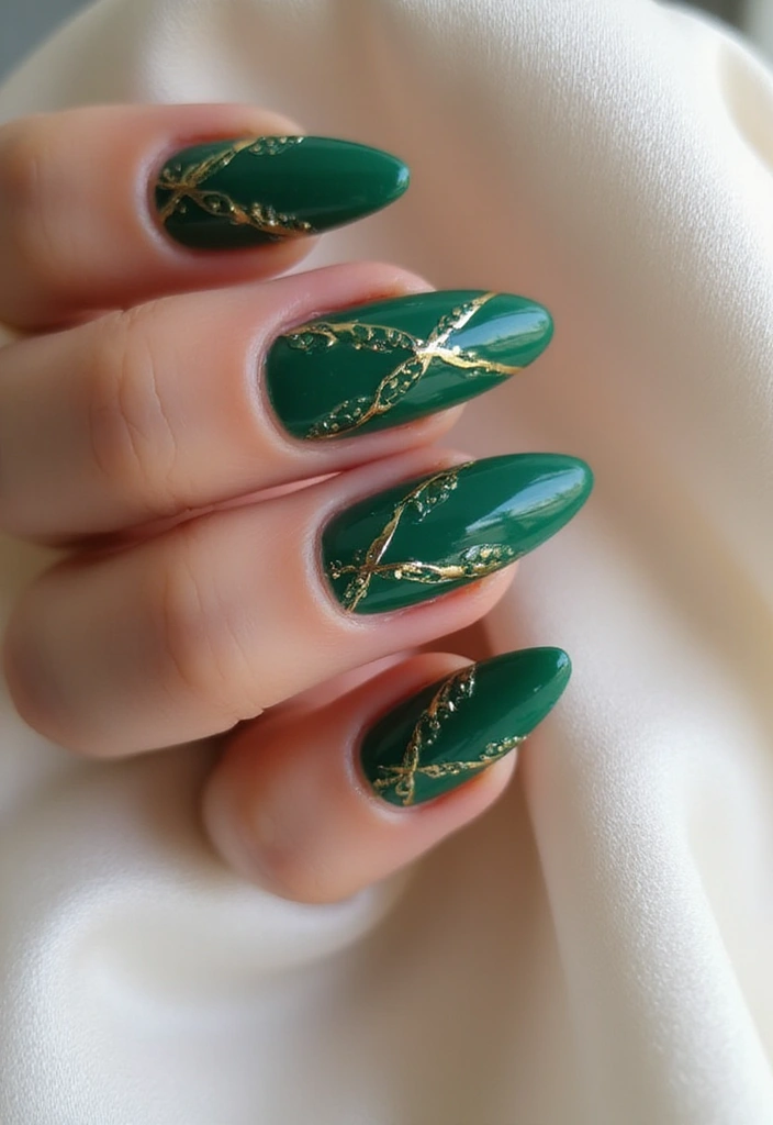 40 Acrylic Green Nail Ideas for Bold Unapologetic Statements - 9. Green and Gold Luxe