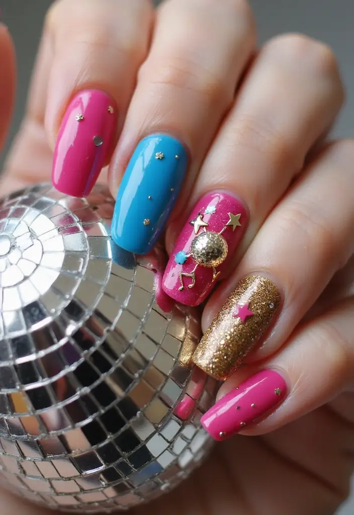 40 Charming Nails with Charms for Personalized Sparkling Magic - 15. Retro Disco Fever