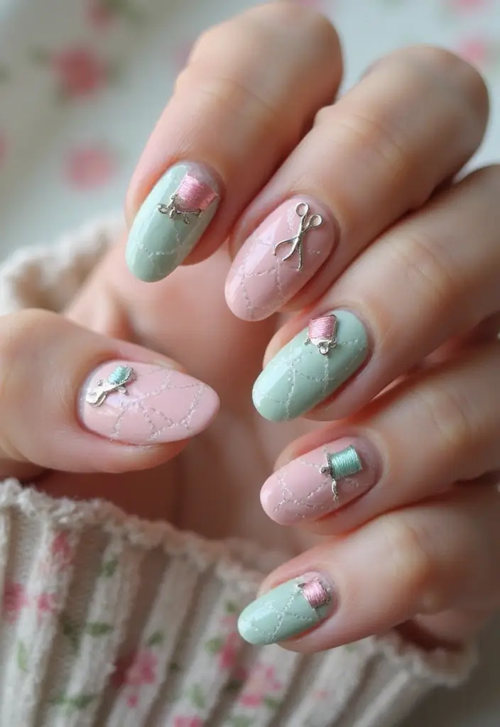 40 Charming Nails with Charms for Personalized Sparkling Magic - 33. Creative Quilted Look