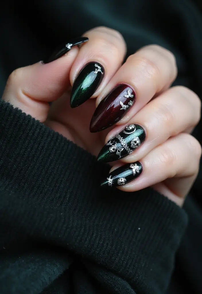 40 Charming Nails with Charms for Personalized Sparkling Magic - 37. Gloomy Gothic