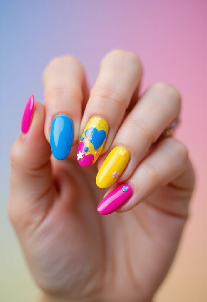 40 Charming Nails with Charms for Personalized Sparkling Magic - 40. Bright Color Block