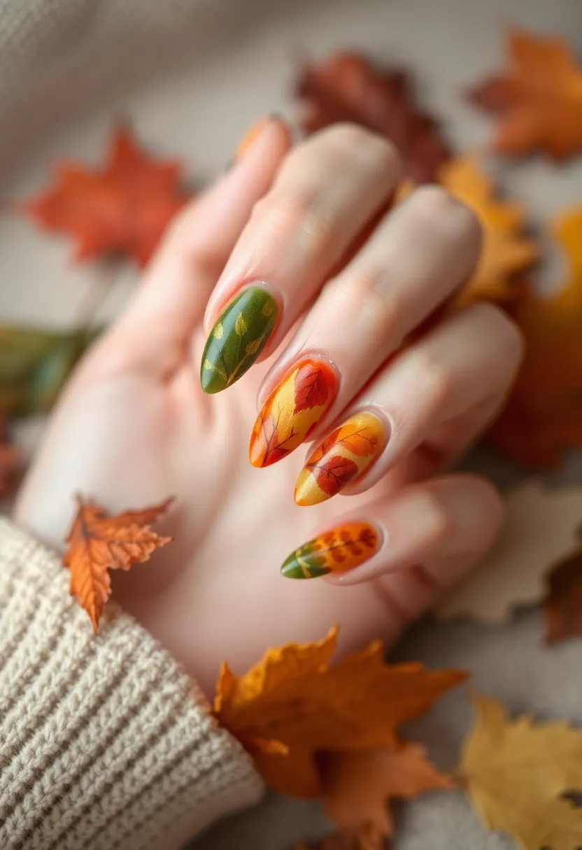 40 Cozy Fall Nail Looks That Capture Autumn's Warm Magic - 15. Leaf Imprints