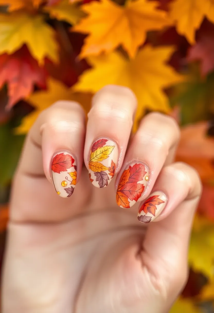 40 Cozy Fall Nail Looks That Capture Autumn's Warm Magic - 22. Colorful Fall Leaves
