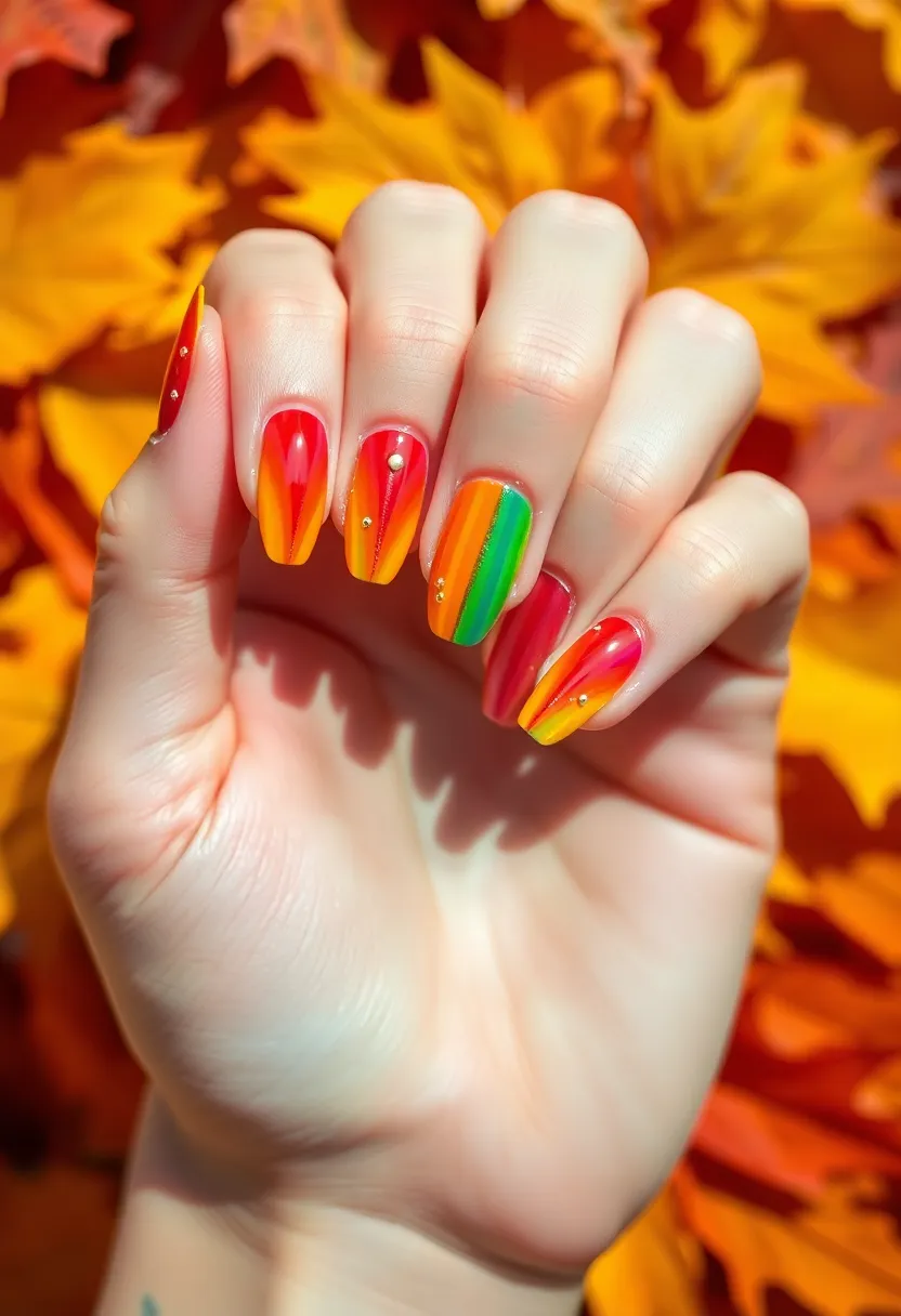 40 Cozy Fall Nail Looks That Capture Autumn's Warm Magic - 35. Rainbow of Autumn