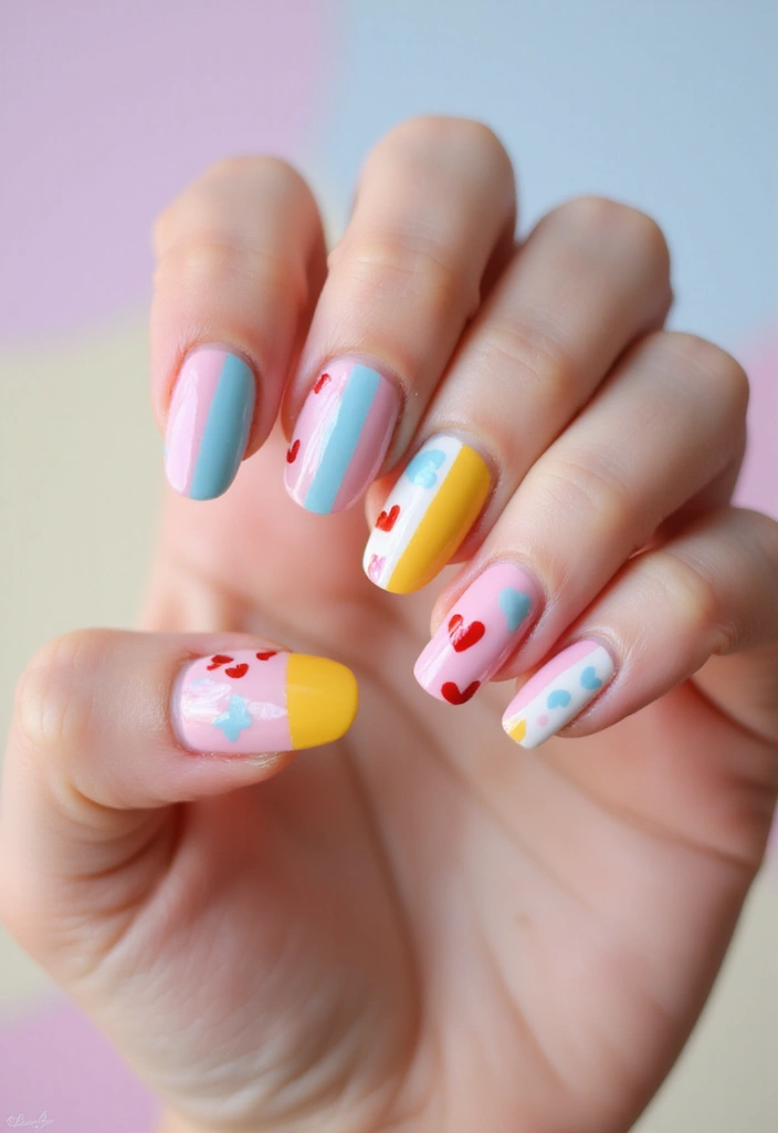 40 Cute Acrylic Nail Ideas for Adorable Hearts - 14. Hearts and Stripes