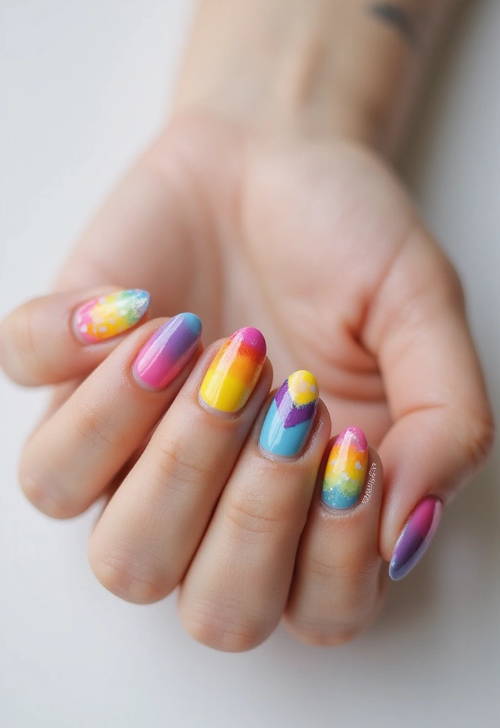 40 Cute Acrylic Nail Ideas for Adorable Hearts - 27. Rainbow Hearts