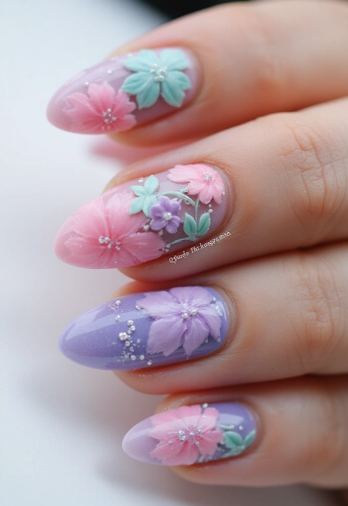 40 Dramatic Long Nail Ideas for Statement-Making - 29. Textured Blooms