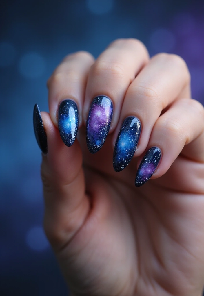 40 Dramatic Long Nail Ideas for Statement-Making - 30. Cosmic Galaxy