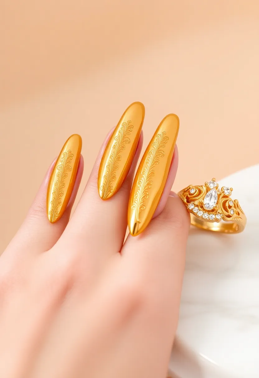 40 Dramatic Long Nail Ideas for Statement-Making - 38. Gilded Glamour