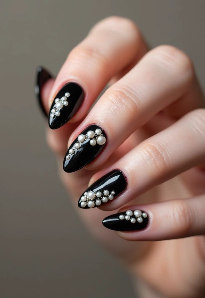 40 Elegant Nails with Pearls for Sophisticated - 11. Bold Black with Pearl Highlights