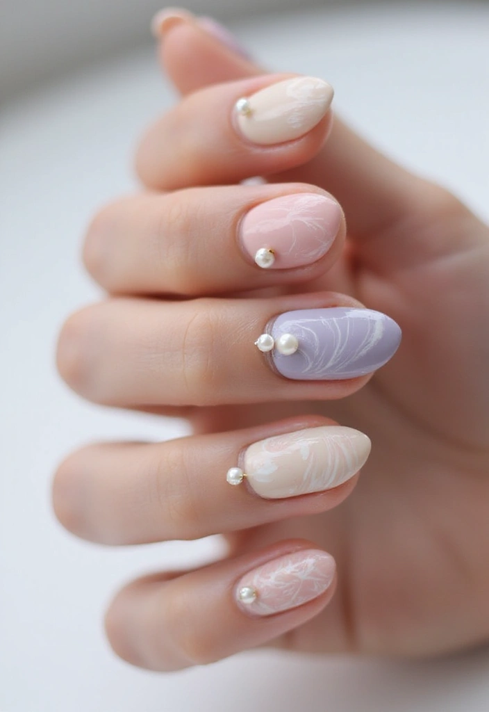 40 Elegant Nails with Pearls for Sophisticated - 20. Marbled Elegance with Pearl Details