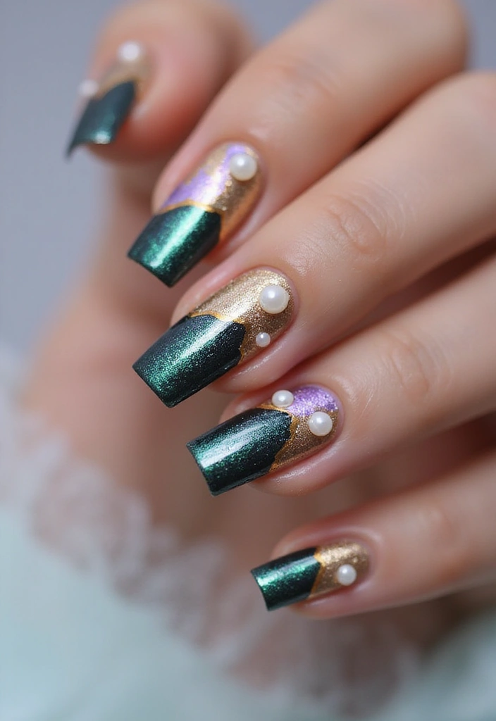 40 Elegant Nails with Pearls for Sophisticated - 21. Layered Metallics with Pearls