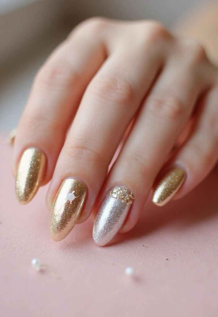 40 Elegant Nails with Pearls for Sophisticated - 26. Metallic Foil with Pearl Details