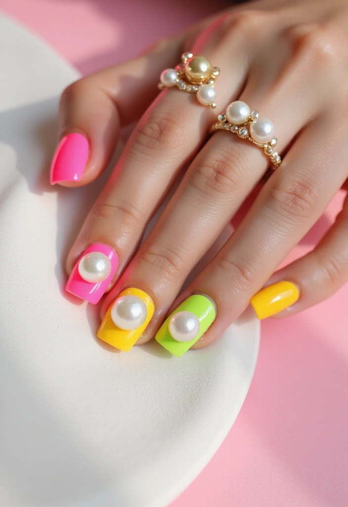 40 Elegant Nails with Pearls for Sophisticated - 31. Fun Neon with Pearls