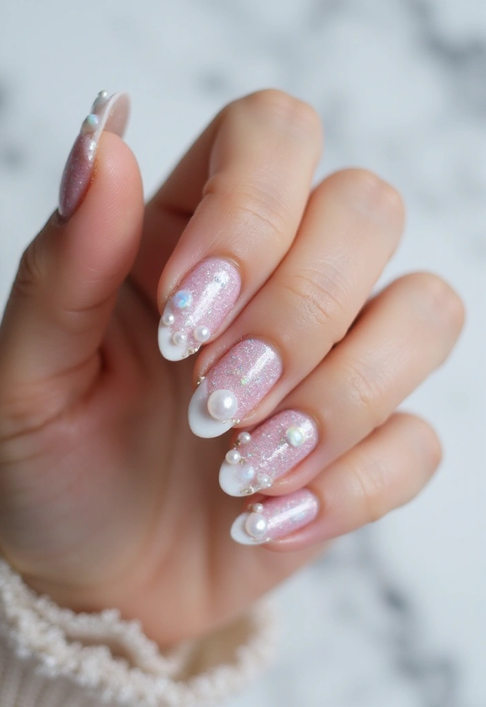 40 Elegant Nails with Pearls for Sophisticated - 34. Soft Glitters with Pearl Highlights