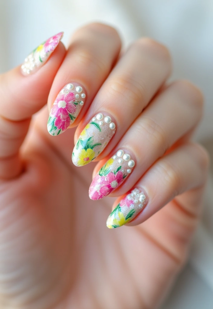 40 Elegant Nails with Pearls for Sophisticated - 38. Bright Floral with Pearls
