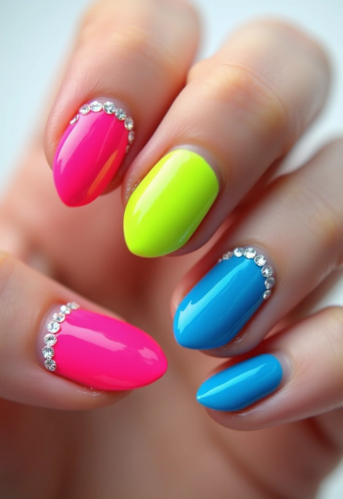 40 Rhinestone Nail Ideas for Dazzling Detail-Oriented Drama - 12. Neon Glow with Rhinestone Sparkle