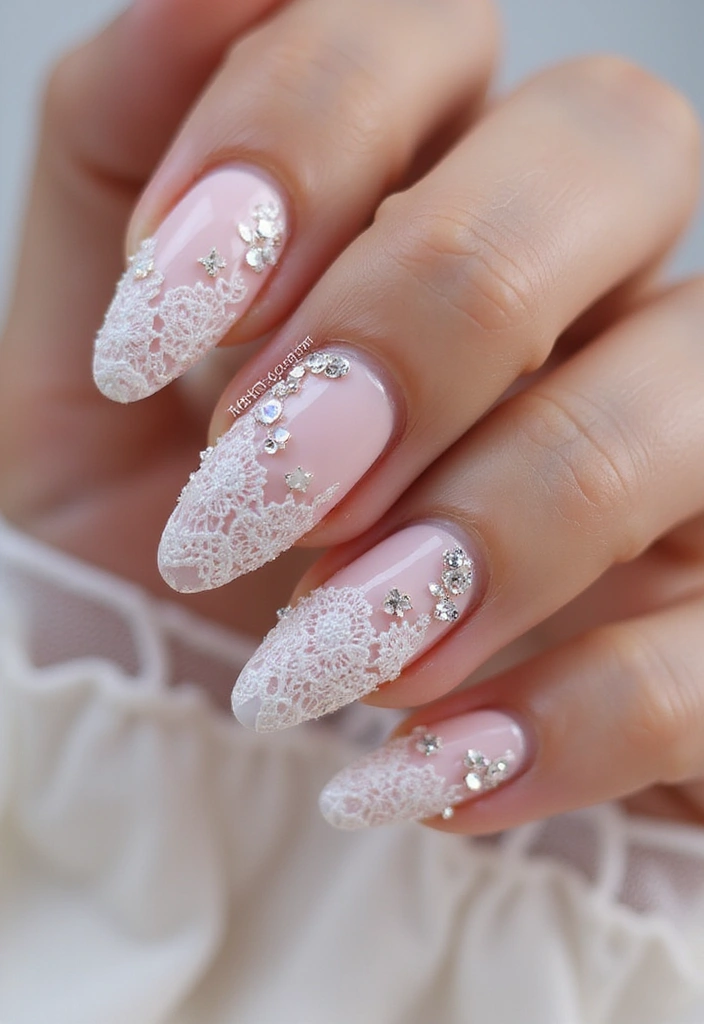 40 Rhinestone Nail Ideas for Dazzling Detail-Oriented Drama - 15. Lace-Inspired Nail Art with Rhinestones