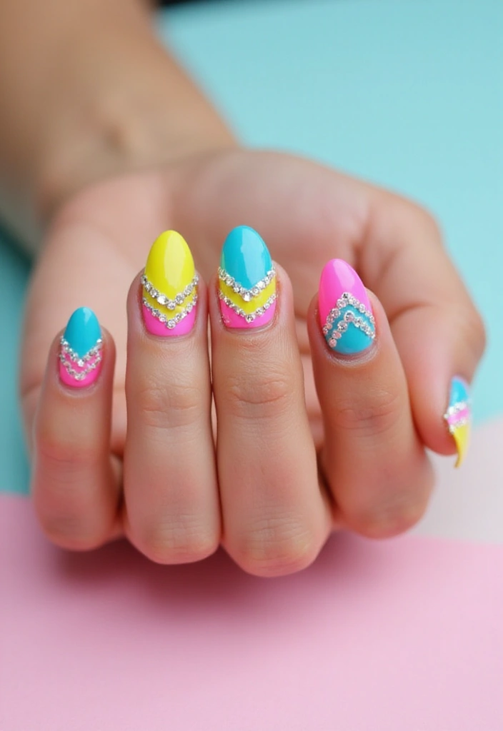 40 Rhinestone Nail Ideas for Dazzling Detail-Oriented Drama - 23. Funky Zig-Zag Designs with Rhinestones