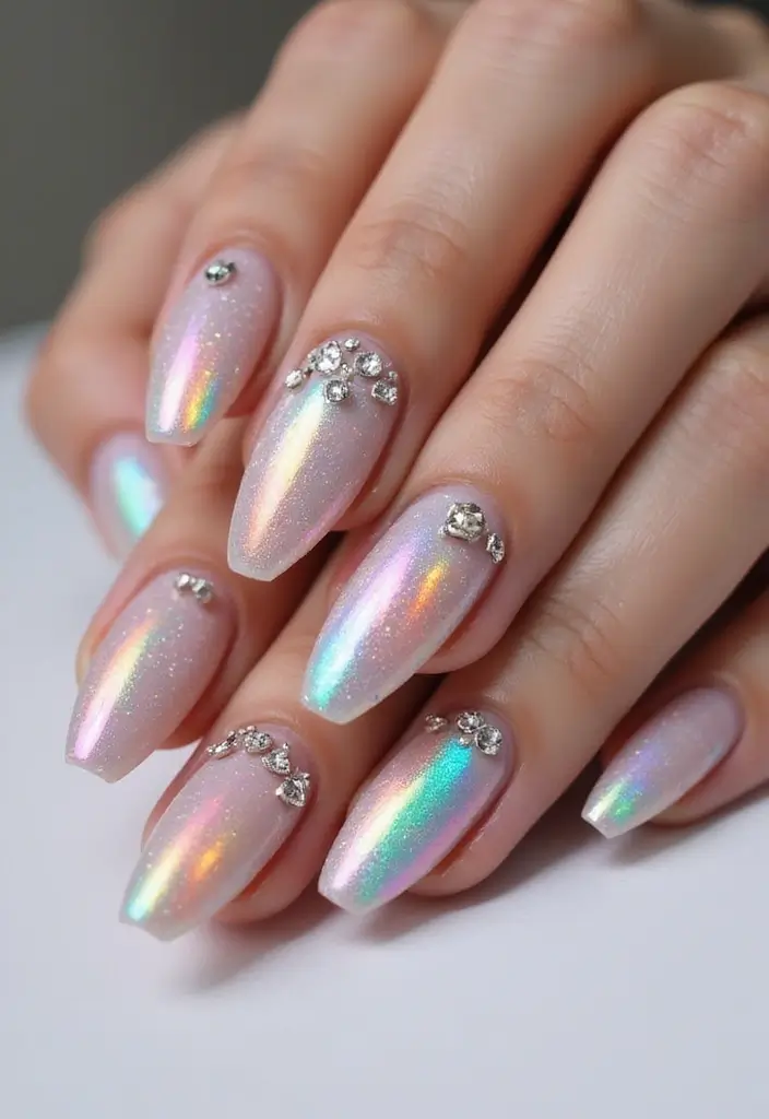 40 Rhinestone Nail Ideas for Dazzling Detail-Oriented Drama - 24. Prism Nail Art with Rhinestones