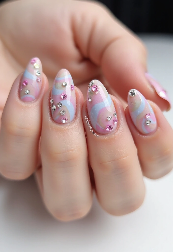 40 Rhinestone Nail Ideas for Dazzling Detail-Oriented Drama - 27. Artistic Swirls with Rhinestone Highlights
