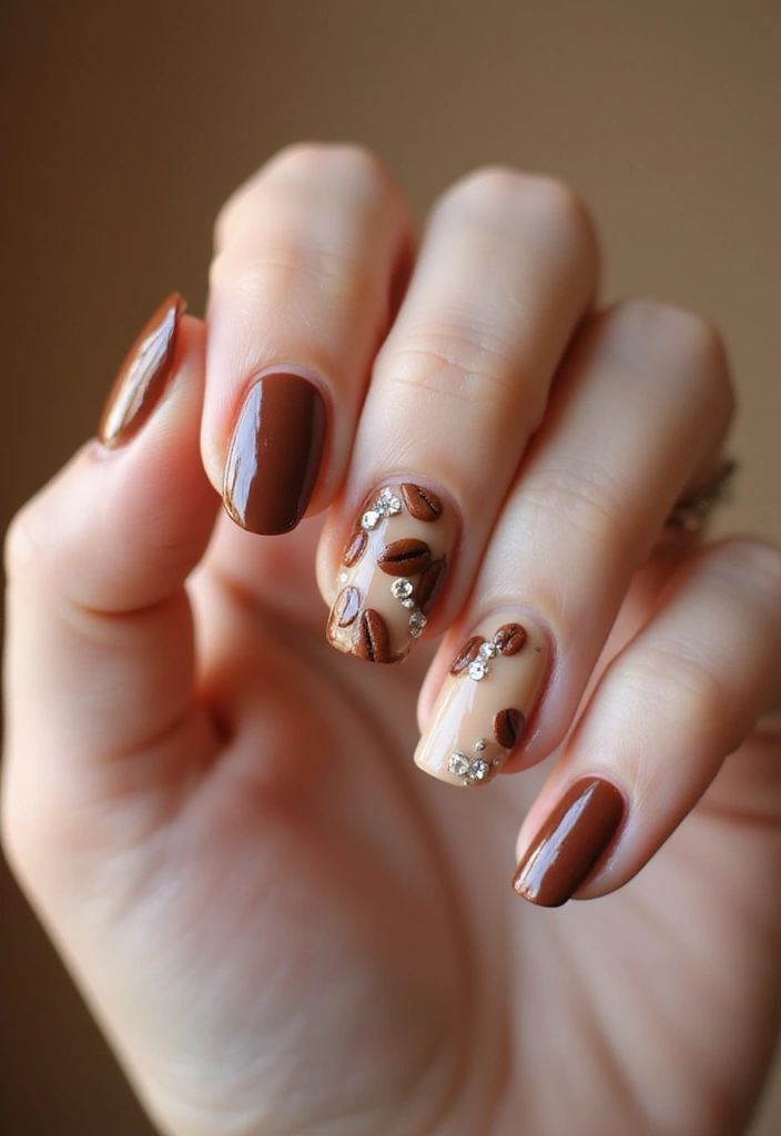 40 Rhinestone Nail Ideas for Dazzling Detail-Oriented Drama - 28. Coffee-Inspired Nail Art with Rhinestones