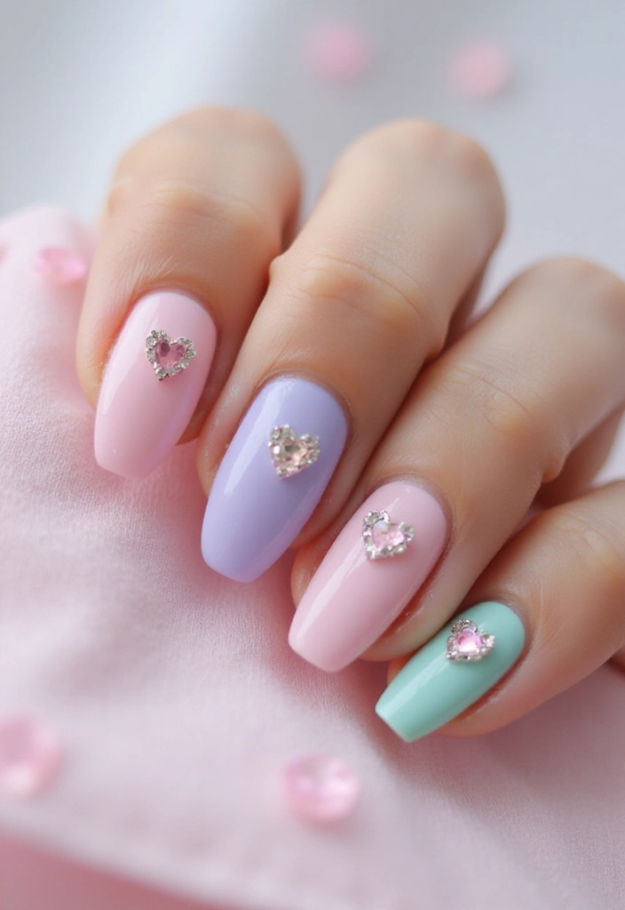 40 Rhinestone Nail Ideas for Dazzling Detail-Oriented Drama - 30. Simple Heart Designs with Rhinestone Centers