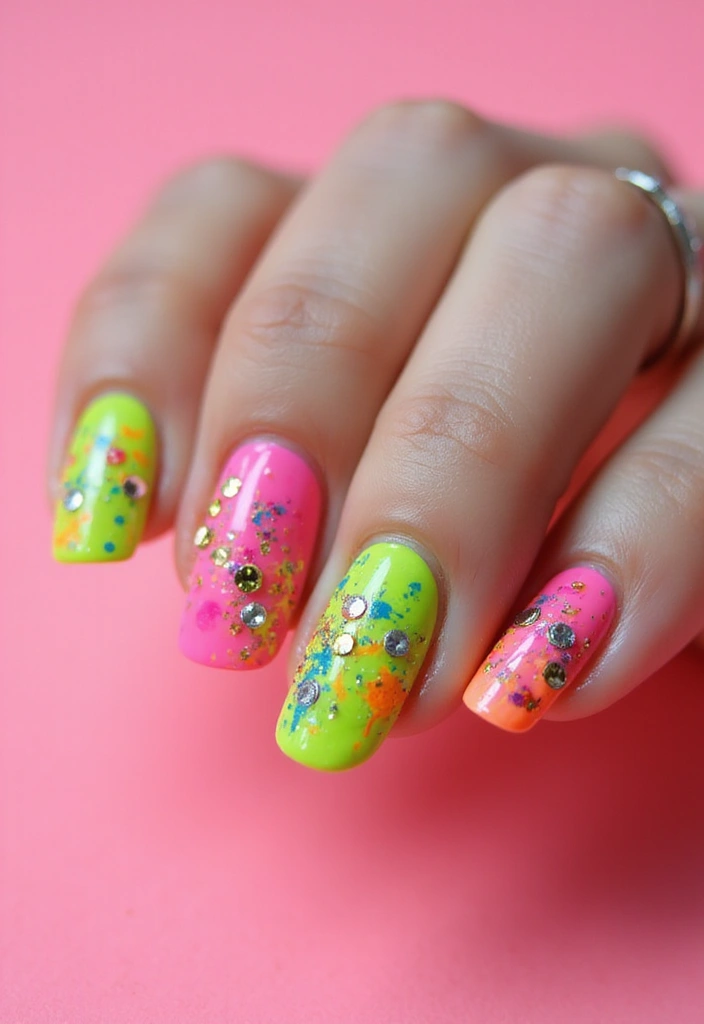 40 Rhinestone Nail Ideas for Dazzling Detail-Oriented Drama - 31. Neon Splatter Nail Art with Rhinestones