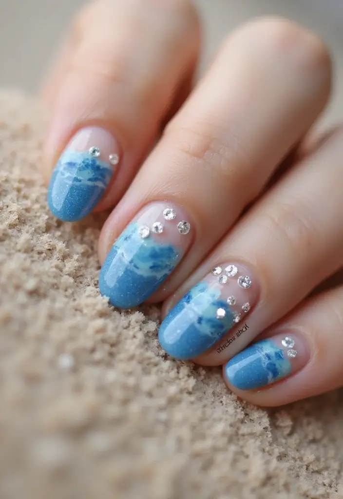 40 Rhinestone Nail Ideas for Dazzling Detail-Oriented Drama - 32. Shimmering Waves with Rhinestones