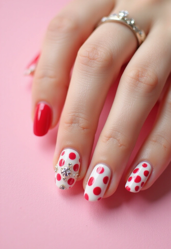 40 Rhinestone Nail Ideas for Dazzling Detail-Oriented Drama - 33. Classic Polka Dots with Rhinestone Accents