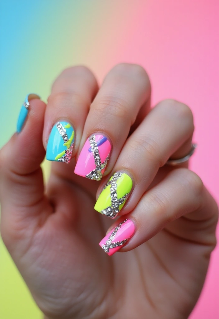 40 Rhinestone Nail Ideas for Dazzling Detail-Oriented Drama - 34. Bright Neon Lines with Rhinestone Details
